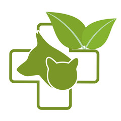illustration veterinary clinic logo design with dog and cat on the background of a medical cross with a leaf