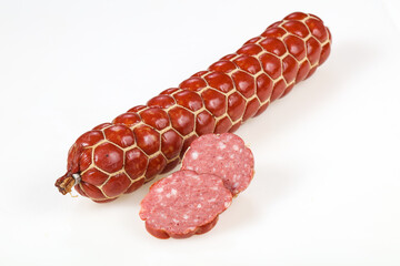 Tasty meat sausages over white background