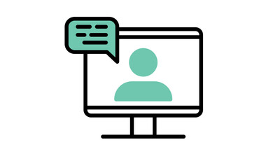 Fototapeta premium Video conference icon. People on computer screen. Home office in quarantine times. Internet virtual teaching media. Digital communication