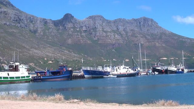 Summer day video of Hout Bay harbour and shipwreck in Cape Town, South Africa