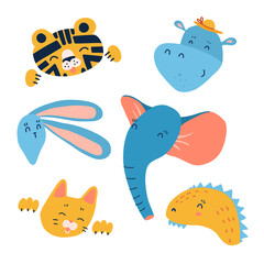 Cartoon animal heads set. Modern concept of flat design for kids cards, banners and invitations. Hand drawn vector illustration of tiger, hippo, rabbit, elephant, cat and dino.