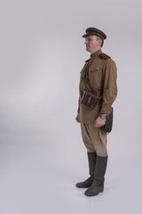 Male actor in the uniform of an officer of the Soviet Army during the World War II