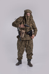 Male actor in the uniform of an officer of the army reconnaissance group of the Soviet Army during...