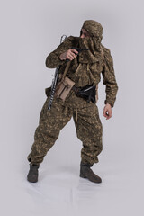 Male actor in the uniform of an officer of the army reconnaissance group of the Soviet Army during...