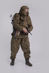 Male actor in the uniform of an officer of the army reconnaissance group of the Soviet Army during...