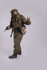 Male actor in the uniform of an officer of the army reconnaissance group of the Soviet Army during...