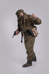 Male actor in the uniform of an officer of the army reconnaissance group of the Soviet Army during...