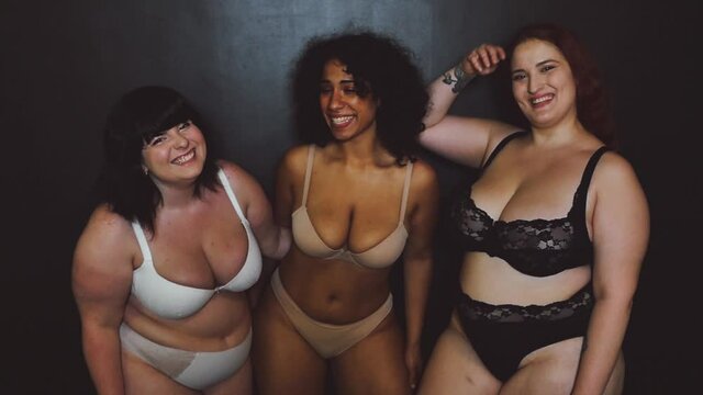 Three women posing for studio portraits. Celebrating and having fun. Concept about lifestyle and body positivity