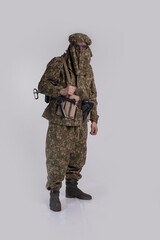 Male actor in the uniform of an officer of the army reconnaissance group of the Soviet Army during...