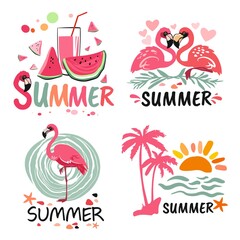 Flamingo set composition isolated on white background.