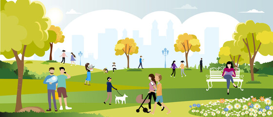 Obraz na płótnie Canvas Morning City lifestyle of people in Autumn time, Happy family having fun and enjoying in city park,Graphic eco environment day. Vector cute cartoon for Summer and early Autumn banner