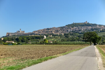 General view, from the road, of the city of Assisi, with the Basilica of St. Francis of Assisi on...