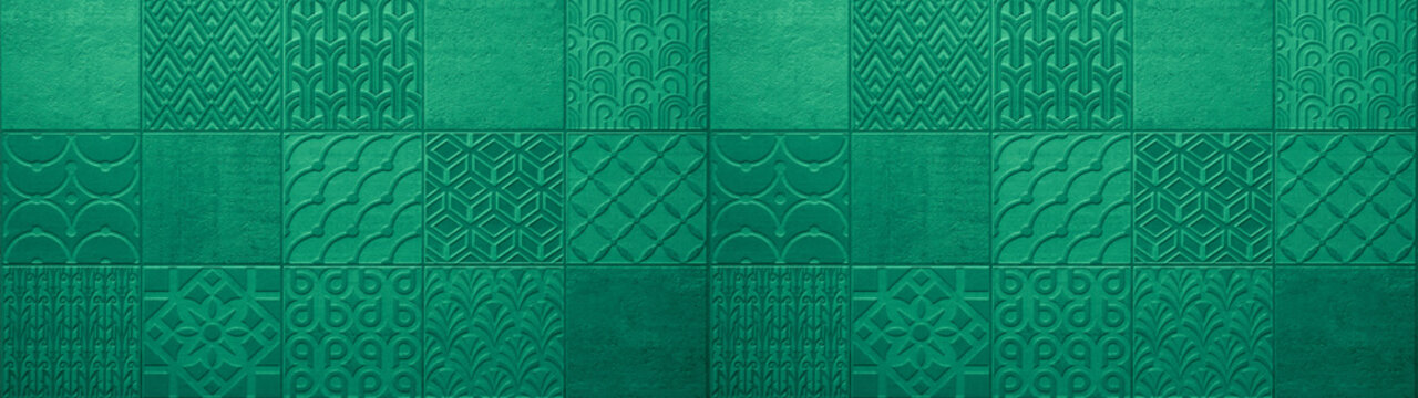 Dark green turquoise vintage retro geometric square mosaic motif cement tiles texture background banner panorama