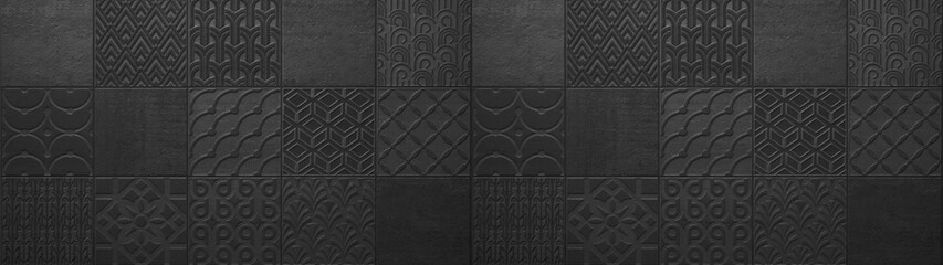 Dark black anthracite vintage retro geometric square mosaic motif cement tiles texture background...