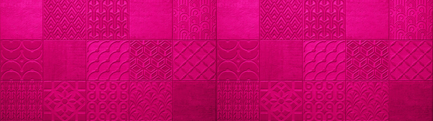 Dark pink magenta abstract vintage retro geometric square mosaic motif cement tiles texture background banner panorama