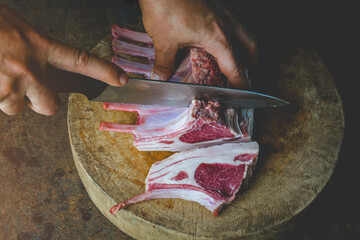 Rack of lamp ribs slice cut for steak.