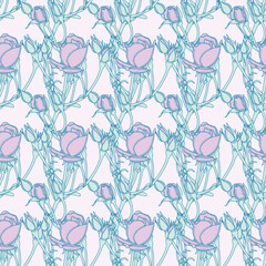 Rose buds seamless pattern background. Cross-hatching floral branches vector illustration.