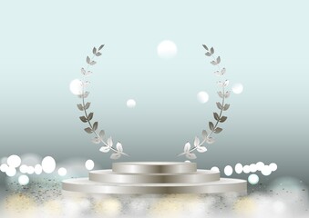 Vector silver laurel wreath frame award and stage podium isolated on dark background.