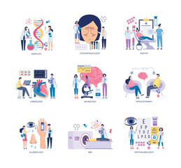 Set scenes or banners of medical examination flat vector illustration isolated.