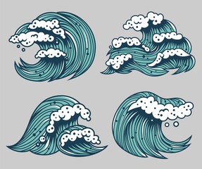 Colored set of sea or ocean wave for marine design