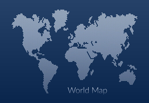 World information security concept. An abstract map of the world made up of hexagons. Metallic hex on a blue gradient background.