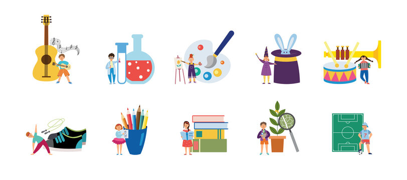 Supplies for childrens hobbies and interests flat vector illustration isolated.