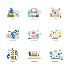 A set of icons of school subjects.