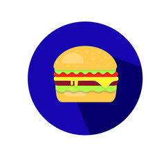 Burger icon on blue background with a shadow. Vector illustration.