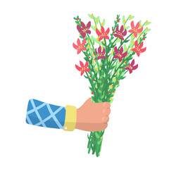 Male hand hold spring blossom flower, male arm give present bouquet pick field floret isolated on white, flat vector illustration. Design springtime mood, wild organic flowering leaf.