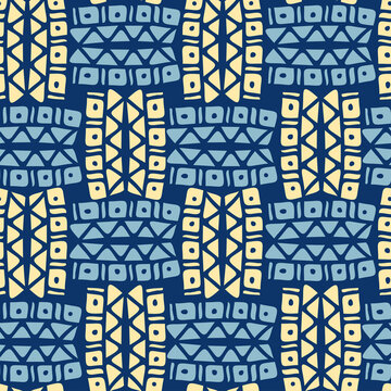 Vector seamless vintage pattern of traditional textile patchwork blanket in blue