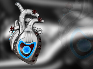 robotic artificial human heart with metallic steam punk pieces. Futuristic concept of organ transplantation. 3D illustration