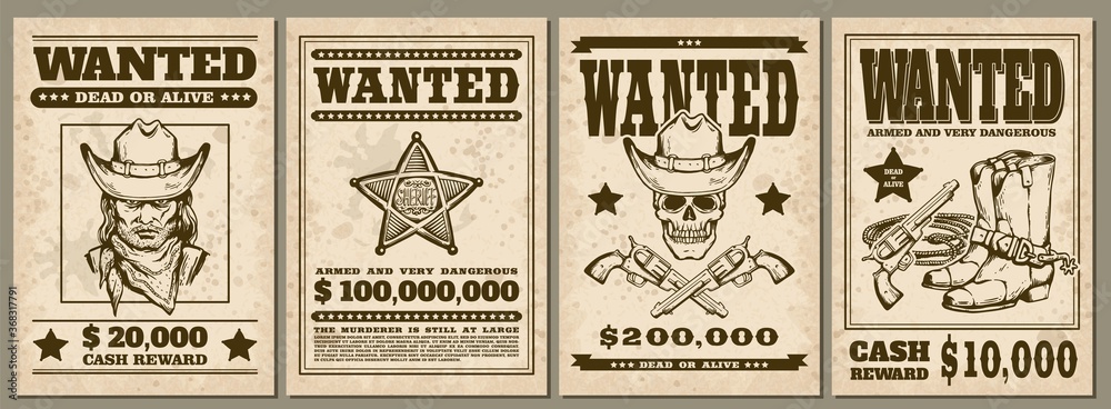 Wall mural set of vintage western cowboy style wanted posters sketch vector illustration.