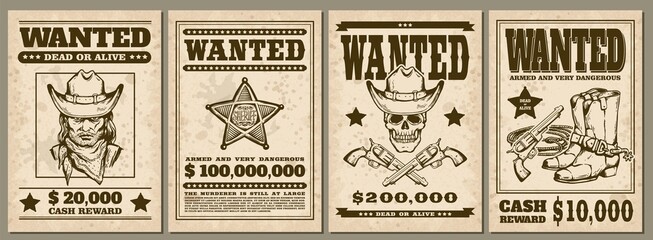 Set of vintage western cowboy style Wanted posters sketch vector illustration. - obrazy, fototapety, plakaty