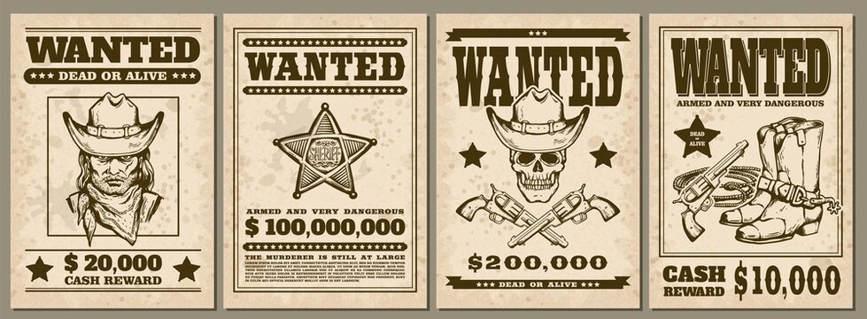 Set of vintage western cowboy style Wanted posters sketch vector illustration.
