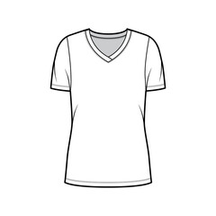 V-neck jersey t-shirt technical fashion illustration with short sleeves, oversized body tunic length. Flat sweater apparel template front white color. Women men unisex outwear top CAD mockup