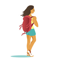 Young woman travel with backpacks. Dressed in summer shorts. Vector isolated illustration.