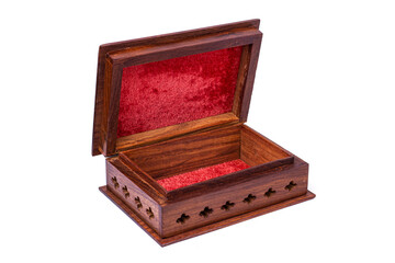 Wooden open carved box handmade with red velvet inside. Indian culture. Isolated on a white background.