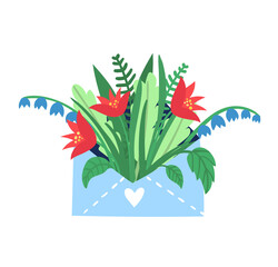 Love message letter red garden flower springtime mood, spring floret isolated on white, flat vector illustration. Design lovely epistle with woodland peduncle, inflorescence blossom plant.