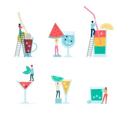Set of tiny people making summer cocktails, flat vector illustration isolated.