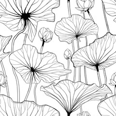 Seamless vector pattern with water lily flowers and leaves. Floral ornament. Vector illustration