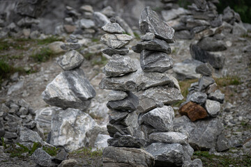 Stone pyramids built by tourists from pieces of marble in the Ruskeala mountain Park