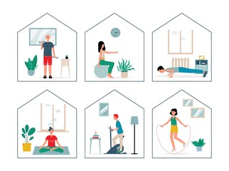 Collection of illustrations of men and women doing sports exercises at home.