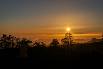 Puesta de sol con árboles y montañas