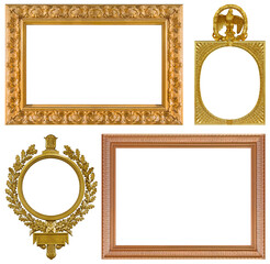 Set of golden frames for paintings, mirrors or photo isolated on white background