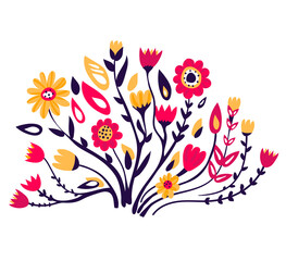 Fototapeta na wymiar Yellow and red flower, spring blossom grow up isolated on white, cartoon vector illustration. Two fall floret, pick gift plants. Female different flower, green leaf on peduncle stem.