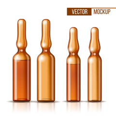 Empty transparent glass ampule and ampule with vaccine or drug for medical treatment.