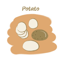 Sliced vegetables with titles, cute drawings, set of cut potatoes. Vector