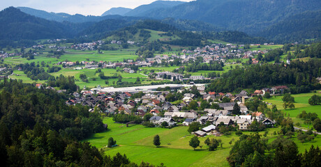 Fototapeta na wymiar Mountain valley with green trees and houses