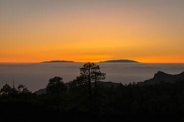 Puesta de sol con árboles y montañas