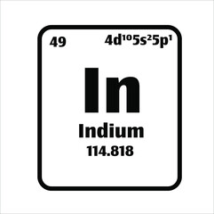 indium (In) button on black and white background on the periodic table of elements with atomic number or a chemistry science concept or experiment.	